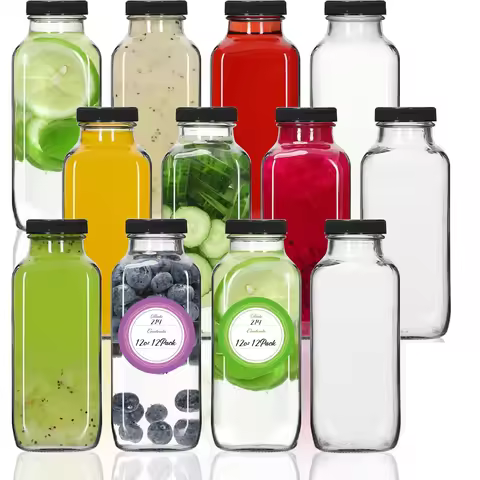 Glass Drink Bottles, 12OZ Vintage Square Water Bottles with Lids, Juice Bottles Beverages Containers