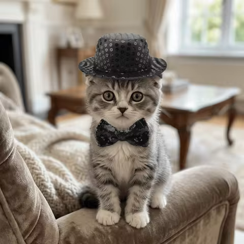 Black Sequin Surface Pet Sequin Top Hat Adjustable Neck Band Mini Top Hat Shape Dog Formal Party Out