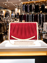 Tas Pesta Wanita Elegant Mewah Clutch Bag Tali Rantai Motif Lipit Kerang Tiram Mutiara Warna Merah A
