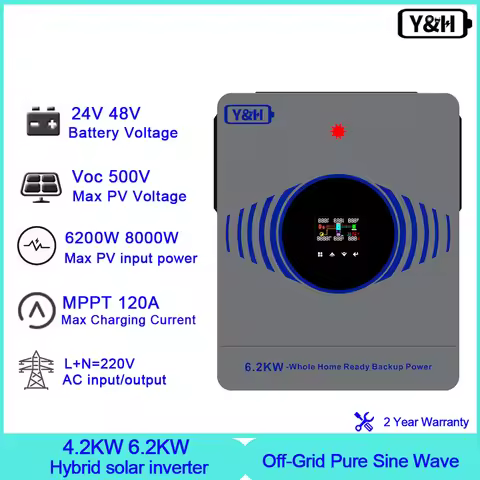 Y&H 6.2KW 4.2KW Hybrid Solar Inverter 48V 24V Max Pv Power 8KW 6.2KW Off Grid Inverters 230V 120A MP