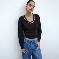 Elegant Modern Party Urban Retro Glamorous Rhinestone Decor Black Sweater With U-Neck & Lantern Slee