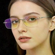 Rimless Reading Glasses Men Titanium Alloy Frame Anti Blue Light Rectangle Lens Gray Temple Reading 