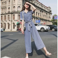 Women Summer Short Sleeve Korean Zipper Sashes Loose Casual Jumpsuit High Street Fashion Wide Pant