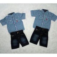 Kids Toddler 2pcs Polo Shirt Guess Short Jeans Summer Boy Clothing Set Baju Raya