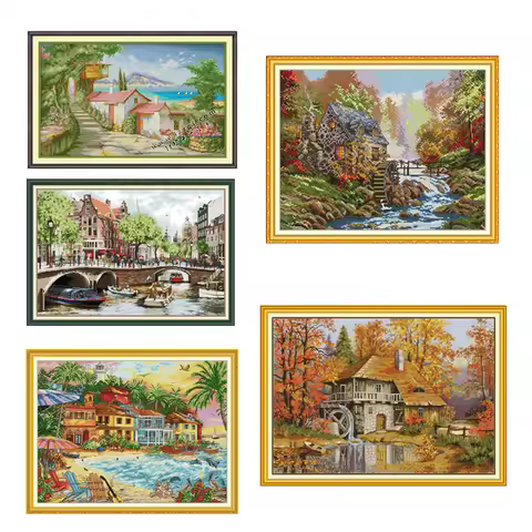 Seaside town 4 cross stitch kit aida 14ct 11ct count printed canvas stitches embroidery DIY handmade