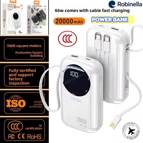 2025 New 20000mAh/74Wh 3C Certified Built-in Cables Mini Power Bank with Lanyard 22.5W Super Fast Ch