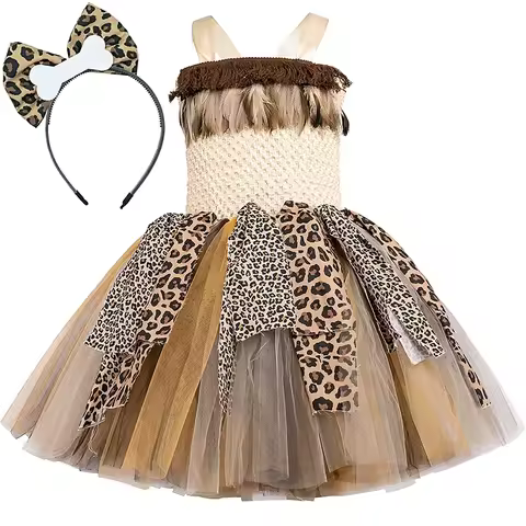 Savage Primitive Caveman Tutu Dress for Girls Leopard Indian Indigenous Cave Girl Costume Kids Hallo