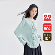 GIORDANO ผู้หญิง เสื้อเชิ้ต แต่งกระดุม ระบาย ปะติดปะต่อ เสื้อเชิ้ต คอวี แขนยาว เสื้อเชิ้ตแฟชั่นลำลอง