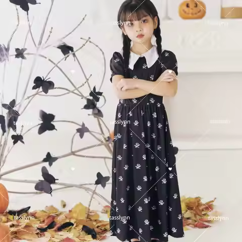 Children Addams Costume Baby Girls Family Cosplay Halloween Costume Kids Family Dancing Black Dress