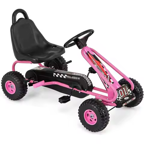 Pink Go Kart for Kids, 4 Wheel Pedal Powered Go Cart with Steering Wheels & Adjustable Seat, Safety 