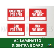 Apartment for rent | House for rent | Car for rent Laminated | Sintra Board Signages