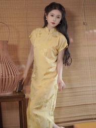 Yellow Long Cheongsam Dress Traditional Chinese Style Floral Embroidery New 2025 Summer Vintage Aest