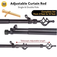 Curtain ROD Telescopic Adjustable Length 2ft to 14ft Single Double Pole Complete SET Accessories