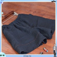 LAHSTORE Navy Blue Raw Linen Wide-Leg Shorts with High Waist Elastic Band - QL01