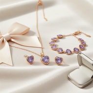Purple 5-Piece Alloy Jewelry Collection: Hollow Heart Bracelet, Zircon Ring & Sparkle Earrings Kolek