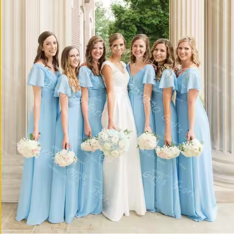 Sky Blue Bridesmaid Dress for Women Double V Neck Wedding Guest Frock Customized Pleated Chiffon Pro
