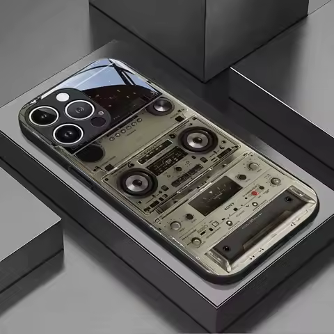 Retro Magnetic Radio Tape Cassette Pattern Glass Phone Case For iPhone 17 16 15 14 13 12 11 Pro Max 