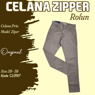 [READY STOK] CELANA PANJANG ORIGINAL ROLUN KARET ZIPPER PRIA MOCCA