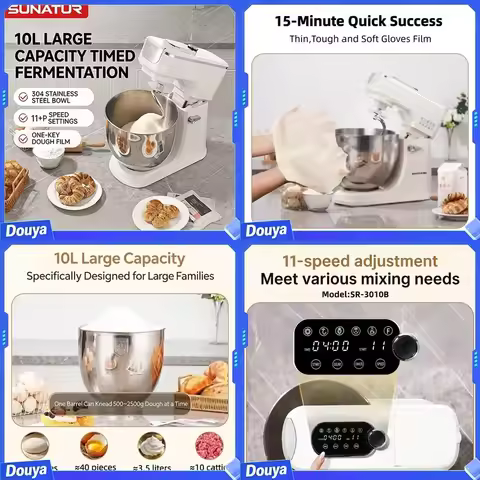 SUNATUR 10L Stand Mixer 2200W, 304 Stainless Steel Bowl, 11+P Speed Batidora, Timed Fermentation Dou