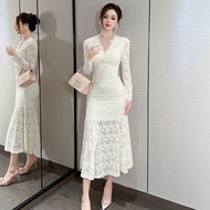 Women's Elegant V-neck Slim Fit Long Lace Fishtail Dress - 40625