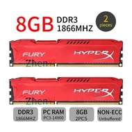 For HyperX FURY 2PCS 8GB DDR3 1866MHz PC3-14900 240Pin 1.5V Desktop Red RAM PC MEMORY AD38
