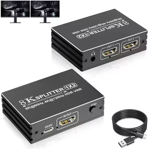 1 in 2 Out 8K HDMI Splitter,Support 1 HDMI Source to 2 Displays,1×2 8K 4K HDMI Splitter EDID UHD HDR