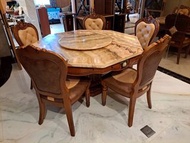 高貴不貴二手精緻設計古典豪宅傢俱~歐式浮雕實木『 天然黃龍玉石 』8人餐桌椅組