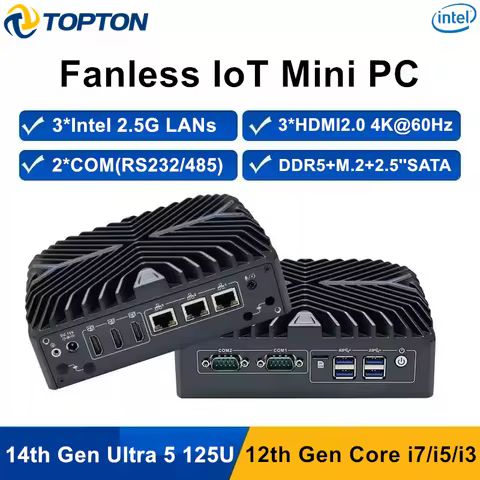 Topton Fanless Mini Firewall PC Intel Ultra 5 125U i7 1255U i3 1215U 3*2.5G LAN 3*HDMI2.0 IoT Indust