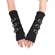 Women Gothic Steampunk Fingerless Gloves Gothic Lace Panel Fingerless Gloves Black Buckle Arm Sleeve