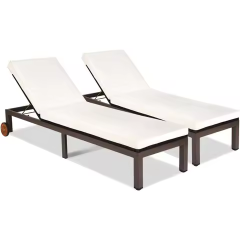 2PS Patio Chaise Lounge Chair, Outdoor Rattan Lounger Recliner Chair W/Wheels, Wicker Chaise Chair W