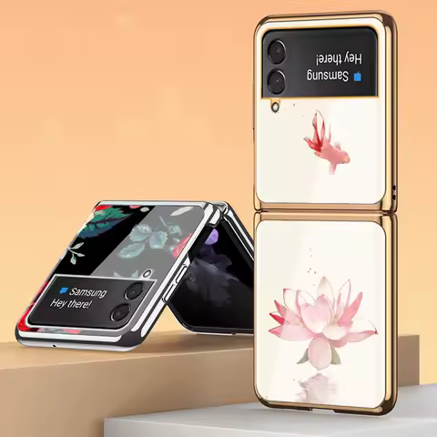 Z Flip4 Funda Case for Samsung Galaxy Z Flip 4 Z Flip 3 2 Rose Lotus Fish Pattern Plating Tempered G