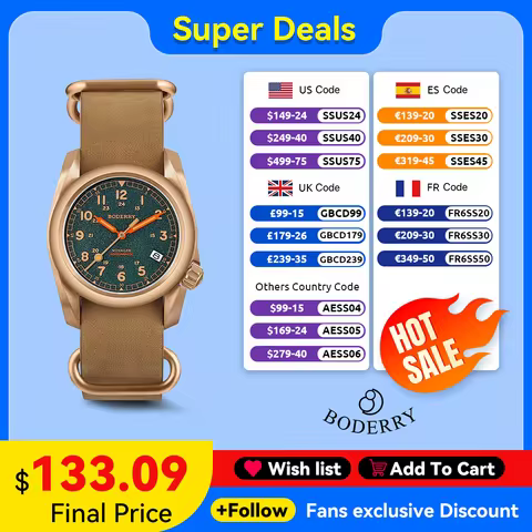 Boderry VOYAGER Field Watches Bronze Case Automatic For Seiko NH35 Watch 100M Waterproof Clock Milit