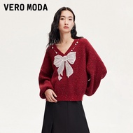 Vero Moda | เสื้อสเวตเตอร์ V-Neck หลวม มีโบว์และเลื่อม
