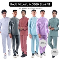 BAJU MELAYU SLIM FIT LELAKI DEWASA DUSTY BLUE VIOLET PURPLE MUSTARD PINK BELACAN RED CHILI BAJU MELA