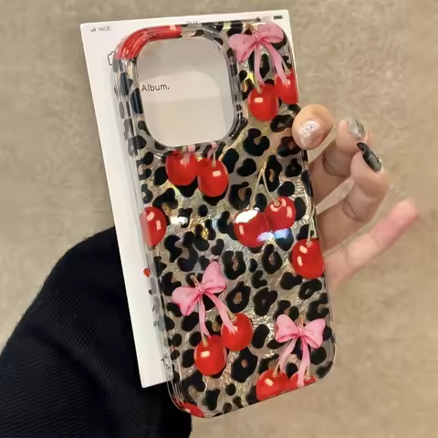 Luxury Cute Pink Bowknot Leopard Cherry Phone Case For iPhone 17 16 Pro Max Case iPhone 17 15 14 13 