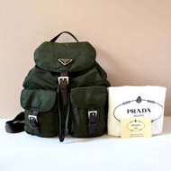 絕版古董品 Prada橄欖綠色銀標雙肩包 後背包 背囊 中古包 二手包