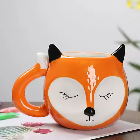 Cartoon Fox Shaped Ceramic Mug Cute Hand Drawn Coffee Milk Tea Water Cup Funny Children Breakfast Cu