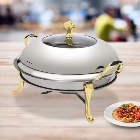 Round Chafing Dish with 2.5L Capacity and Alcohol Fuel Can, 10.24in Inner Diameter, 3.75lbs with Tem