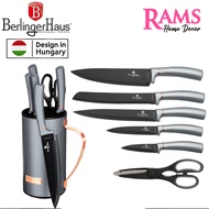 Berlingerhaus 7 Pcs Non-Stick Knife Set with Steel Stand / Chef's Knife / Santoku Knife / Bread Knife / Slicer Knife / Utility Knife / Paring Knife / Scissors / Stand / Knives Set / High Quality Knife Set / Stainless Steel Blade - Moonlight