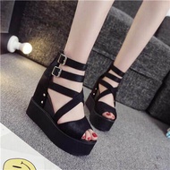 Korean Woman's Wedges Bandage Black 8cm Heels Shoes Light Comfy Women Sandals Size 35-39