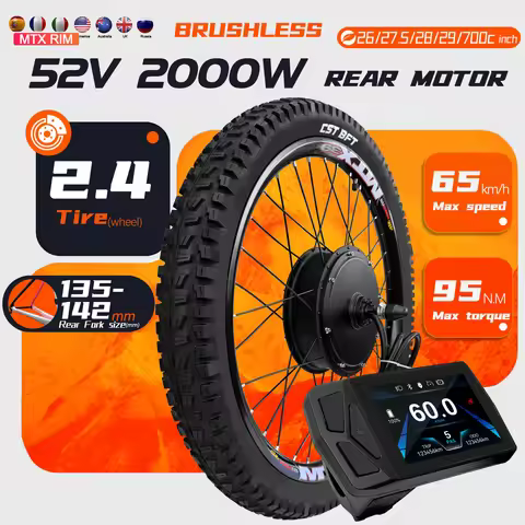 52V 2000W Electric Bike Conversion Kit with 2.4tire Brushless Rear Hub Motor Wheel with LCD Display 