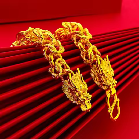 9999 24K real gold hollow M-button men's bracelet cylindrical dragon head gold bracelet men's gold j