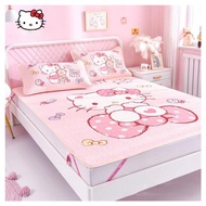 Sanrioed Anime Periphery Cute Hello Kittys Latex Mattress Ice Silk Mattress Washable Summer Bedding Three-Piece Set Kids Gift