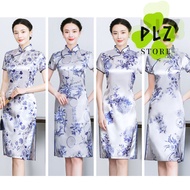 旗袍 Cheongsam White Silk Floral Dress Short Sleeve Retro Chinese Style Mid Dress Plus Size Cheongsam 