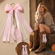BOLSAED Western Cowboy Boots - Pink Feather & Lace Ribbon Decor, Stylish Cowgirl Accessories for Wom