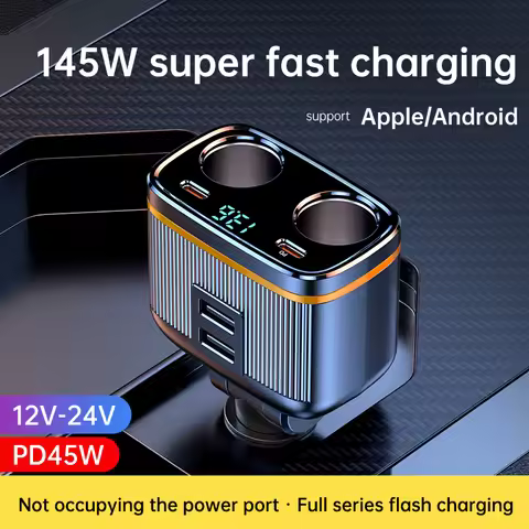 6 in 1 Cigarette Lighter Splitter 145W USB C Car Charger 4 Ports PD30W Car Charger Adapter Voltage D