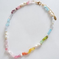 Synthetic Cat Eye Chip Stone in Pastel Color and Freshwater Pearl Short Necklace