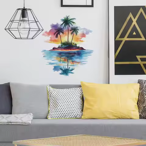 Painted Coconut Tree Island Wall Sticker For Living Room Background Decor Mural Bathroom Bedroom Bea