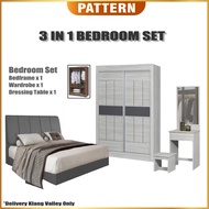 [Klang Valley Only] PATTERN 3 in 1 Bedroom Set Queen Bedframe Sliding Door Wardrobe Dressing Table