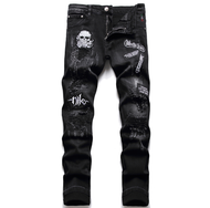 FF 【READY STOCK】2022 embroidery Boutique European Men Slim Jeans Denim Trousers Stretch Black Patchwork Hole Pants For Men Ripped Jeans